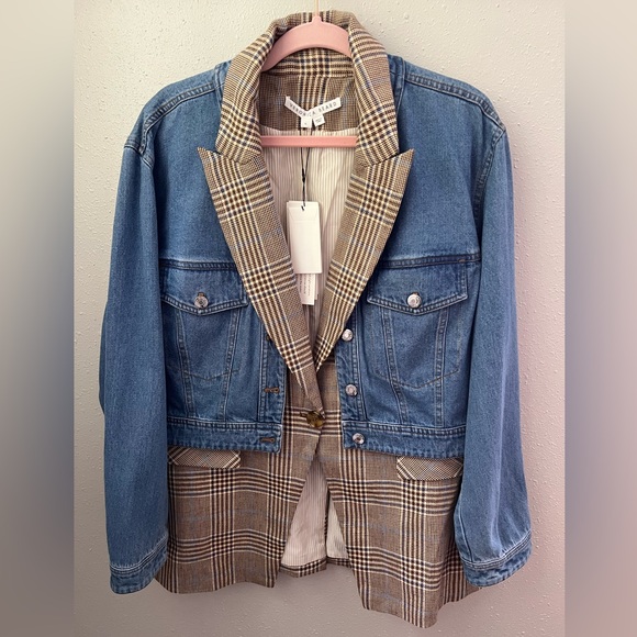 VERONICA BEARD Keaton Combo 2-Piece Denim & Check Dickey Jacket Size XL New - Picture 3 of 14